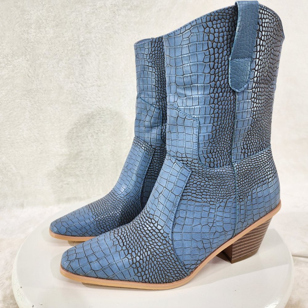 Denim Blue Faux Leather Snake Embossed Western Cowgirl Pull On